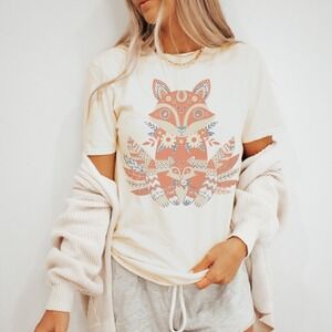 Stacked Foxes Folk Art Graphic Tee Geometric Design Natural